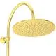 Duschsystem von Ideal Standard mit goldenem Brausekopf und -arm. Der Kopf hat eine ovale Form und ein Design mit vielen kleinen Düsen für gleichmäßigen Wasserfluss.